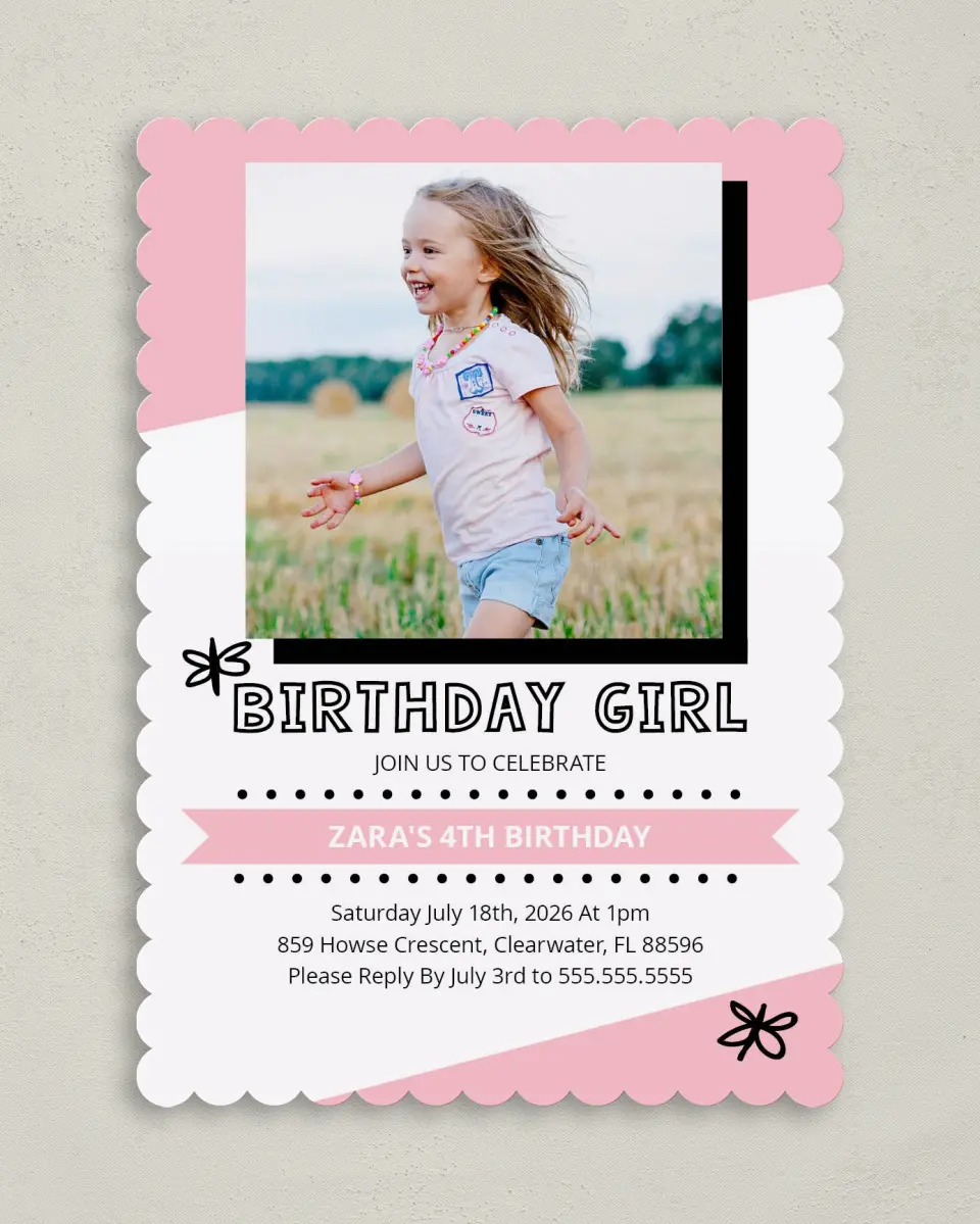 This is a 5" x 7" Birthday Party Invitation called Confetti Bash Girl printed in full color on Premium Smooth paper