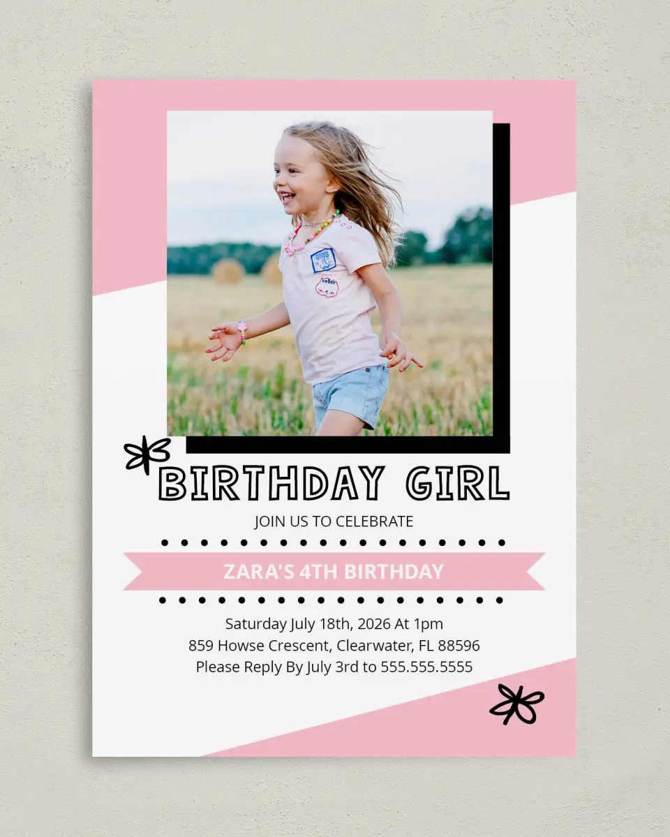 This is a 5" x 7" Birthday Party Invitation called Confetti Bash Girl printed in full color on Premium Smooth paper