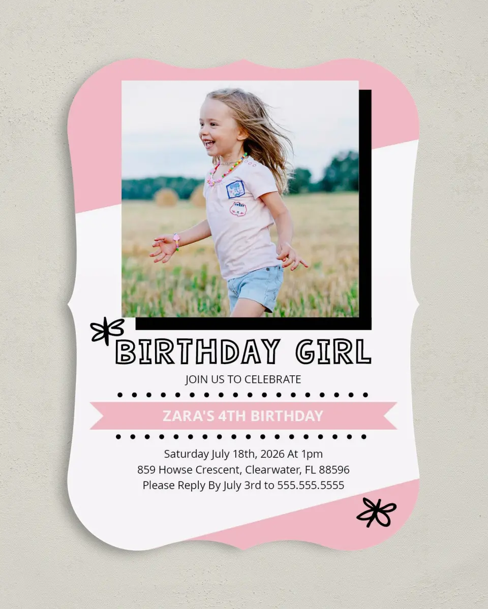 This is a 5" x 7" Birthday Party Invitation called Confetti Bash Girl printed in full color with Gold foil on Luxe Satin (coated) paper