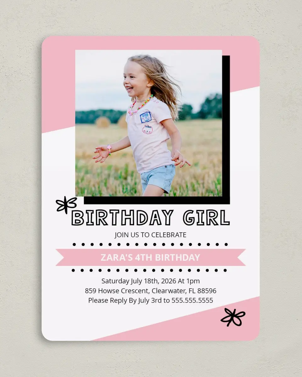 This is a 5" x 7" Birthday Party Invitation called Confetti Bash Girl printed in full color on Premium Smooth paper