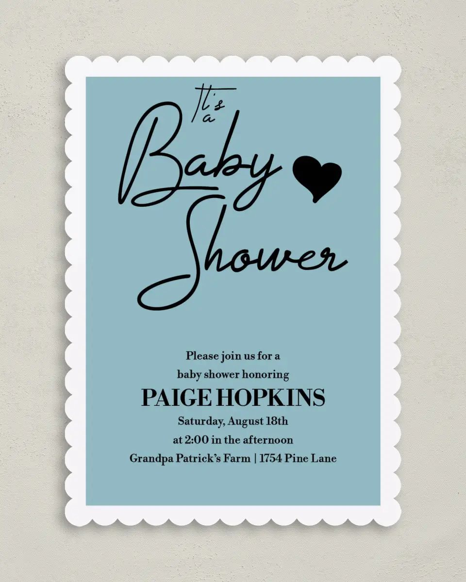 This is a 5" x 7" Baby Shower Invitation called Hearts & Stripes printed in full color with Silver foil on Premium Smooth paper