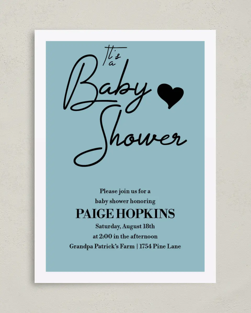This is a 5" x 7" Baby Shower Invitation called Hearts & Stripes printed in full color with Silver foil on Premium Smooth paper