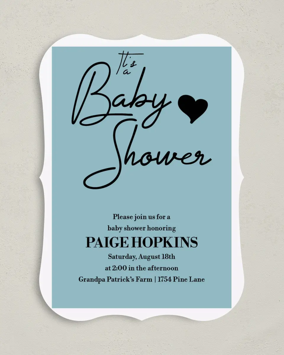 This is a 5" x 7" Baby Shower Invitation called Hearts & Stripes printed in full color with Silver foil on Premium Smooth paper