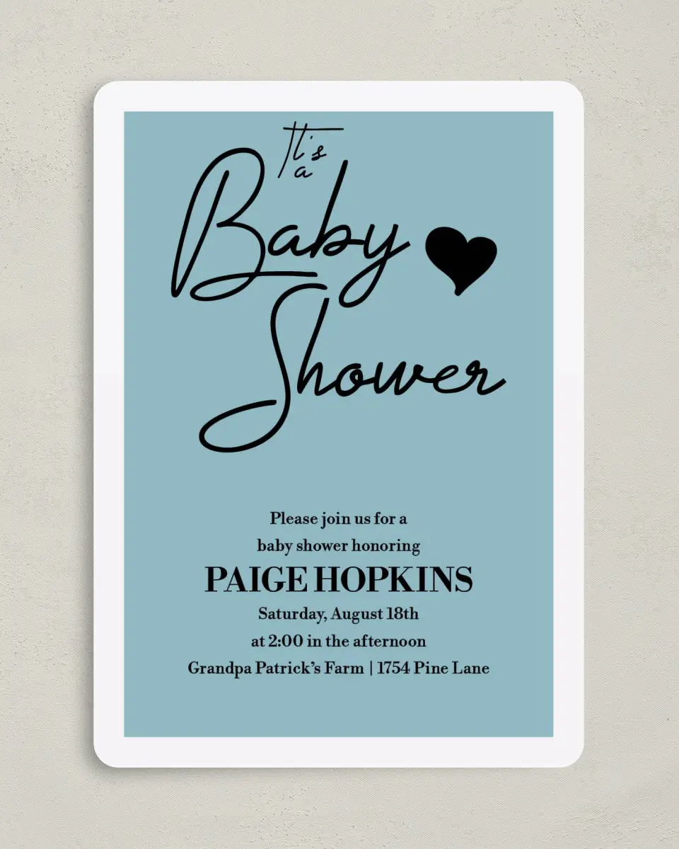 This is a 5" x 7" Baby Shower Invitation called Hearts & Stripes printed in full color with Silver foil on Premium Smooth paper