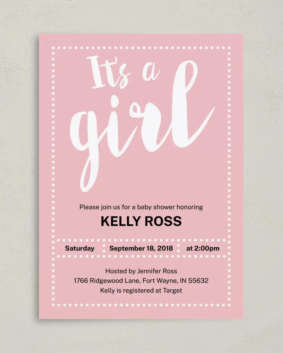 This is a 5" x 7" Baby Shower Invitation called Sweetheart Sprinkle printed in full color on Premium Smooth paper