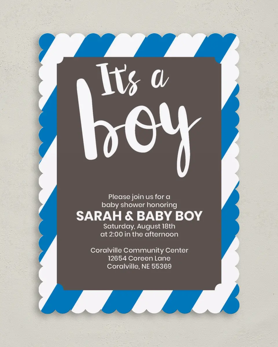 This is a 5" x 7" Baby Shower Invitation called Bold Boy printed in full color on Premium Smooth paper