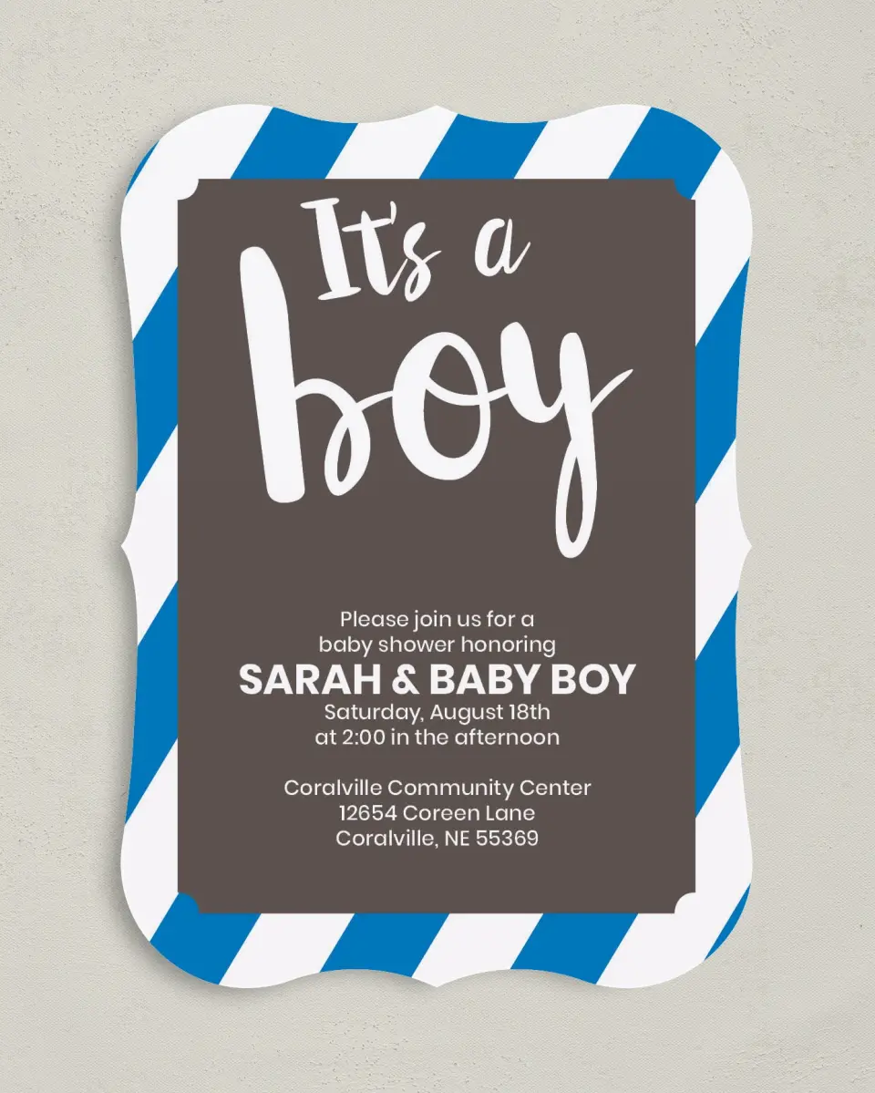 This is a 5" x 7" Baby Shower Invitation called Bold Boy printed in full color on Premium Smooth paper