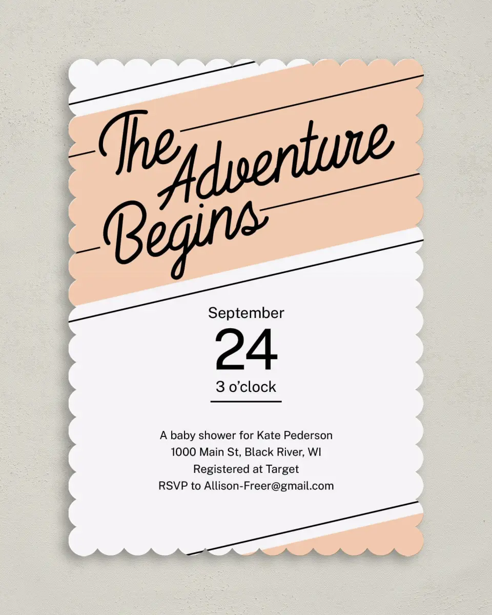 This is a 5" x 7" Baby Shower Invitation called Banner Adventure printed in full color on Premium Smooth paper
