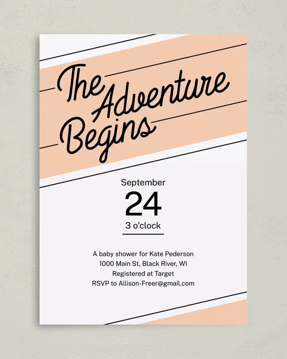 This is a 5" x 7" Baby Shower Invitation called Banner Adventure printed in full color on Premium Smooth paper