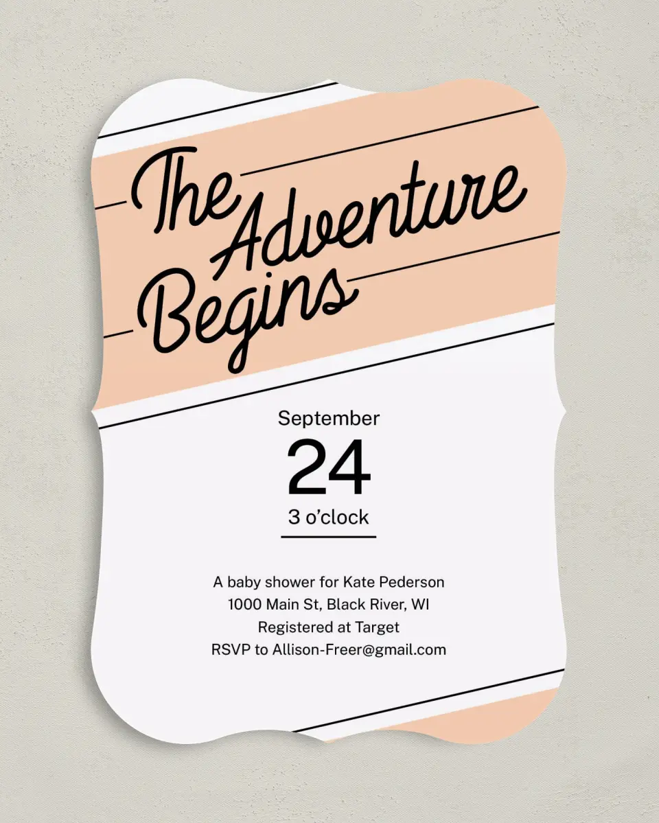 This is a 5" x 7" Baby Shower Invitation called Banner Adventure printed in full color on Premium Smooth paper