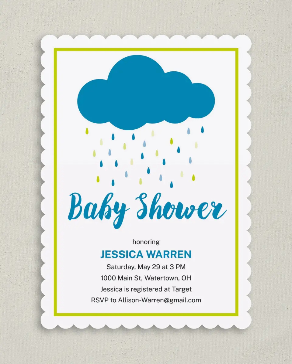 This is a 5" x 7" Baby Shower Invitation called Drops of Blessings printed in full color on Premium Smooth paper