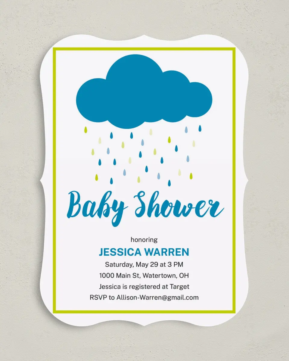 This is a 5" x 7" Baby Shower Invitation called Drops of Blessings printed in full color on Premium Smooth paper