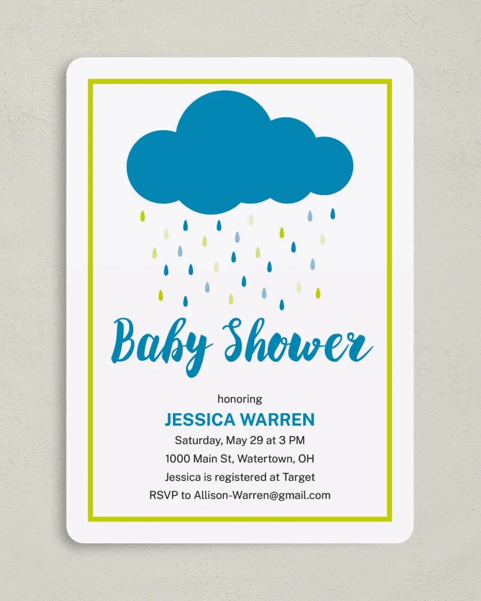 This is a 5" x 7" Baby Shower Invitation called Drops of Blessings printed in full color on Premium Smooth paper