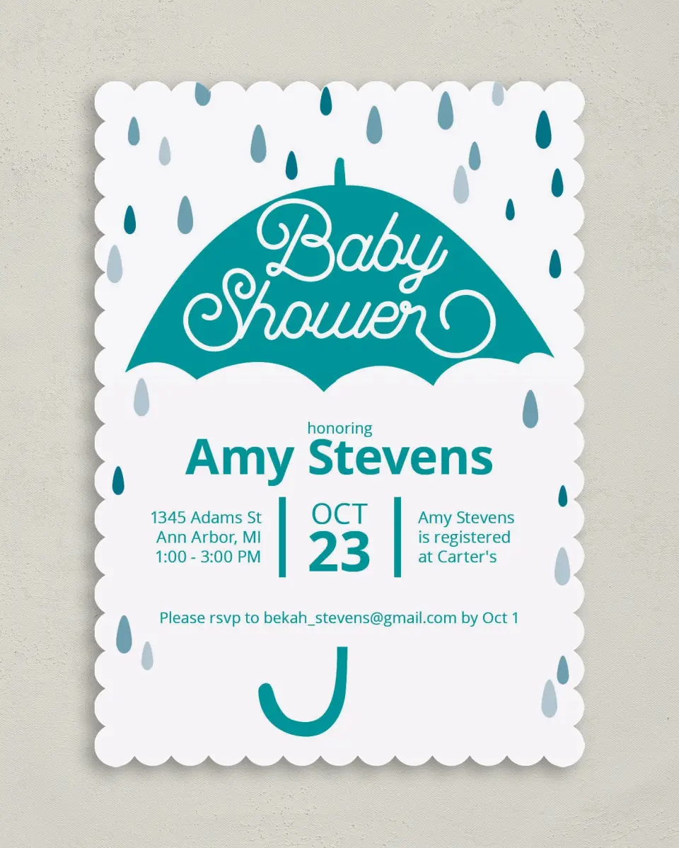 This is a 5" x 7" Baby Shower Invitation called Raining Love printed in full color on Premium Smooth paper