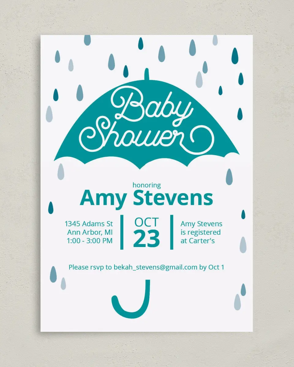 This is a 5" x 7" Baby Shower Invitation called Raining Love printed in full color on Premium Smooth paper