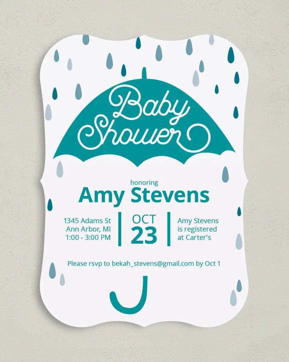 This is a 5" x 7" Baby Shower Invitation called Raining Love printed in full color on Premium Smooth paper