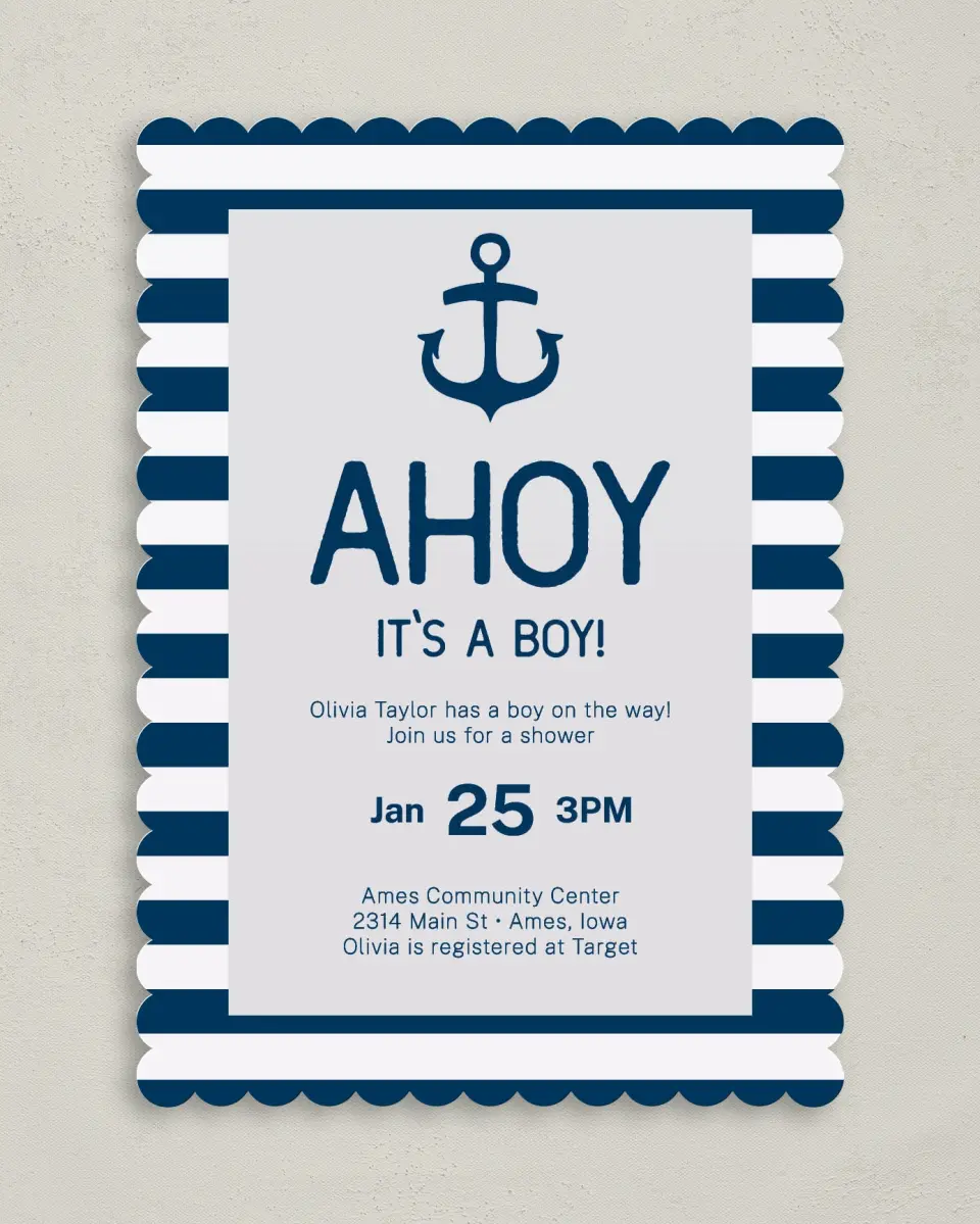 This is a 5" x 7" Baby Shower Invitation called Ahoy Joy printed in full color on Premium Smooth paper