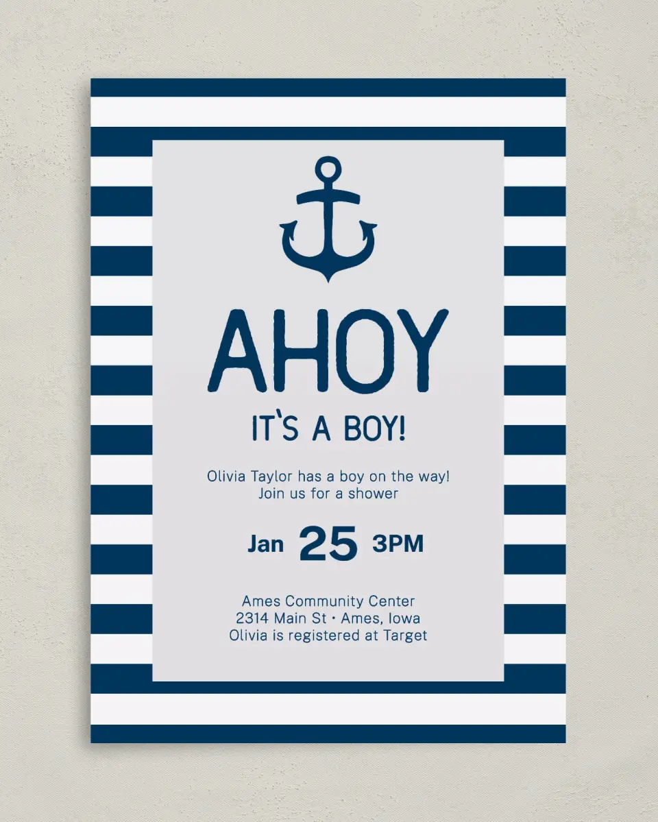 This is a 5" x 7" Baby Shower Invitation called Ahoy Joy printed in full color on Premium Smooth paper
