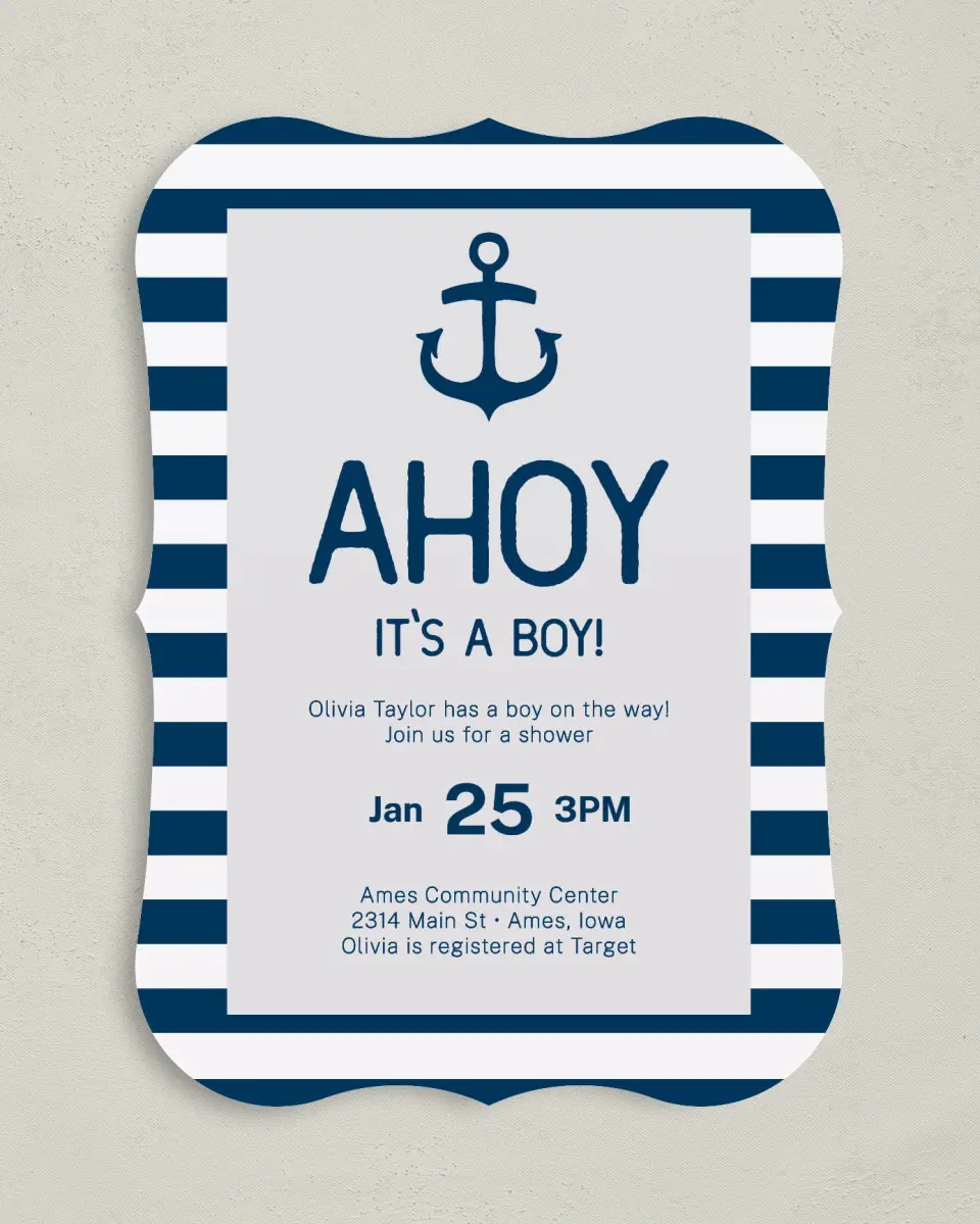 This is a 5" x 7" Baby Shower Invitation called Ahoy Joy printed in full color on Premium Smooth paper