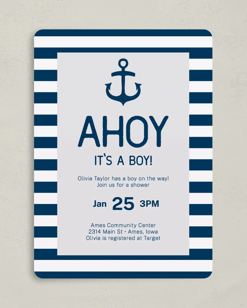 This is a 5" x 7" Baby Shower Invitation called Ahoy Joy printed in full color with Rose Gold foil on Luxe Satin (coated) paper