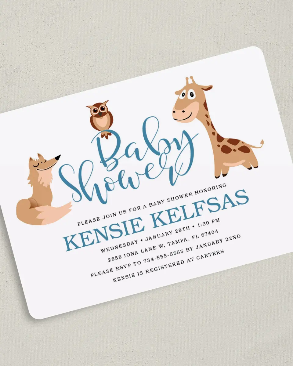 This is a 5" x 7" Baby Shower Invitation called Beloved Baby printed in full color with Rose Gold foil on Luxe Satin (coated) paper