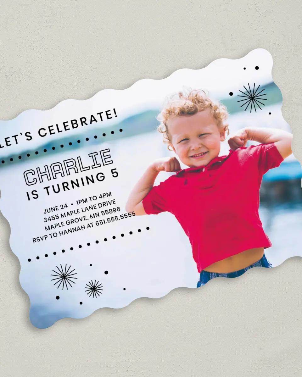 This is a 5" x 7" Birthday Party Invitation called Birthday Bursts printed in full color on Premium Smooth paper