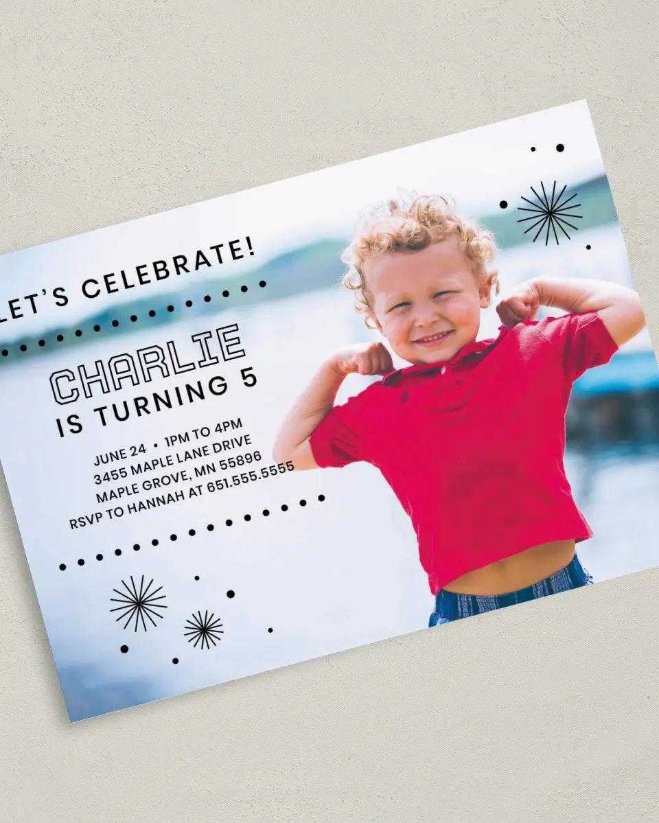 This is a 5" x 7" Birthday Party Invitation called Birthday Bursts printed in full color on Premium Smooth paper