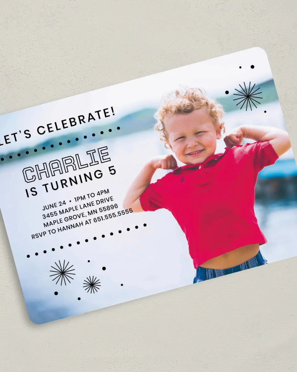 This is a 5" x 7" Birthday Party Invitation called Birthday Bursts printed in full color on Premium Smooth paper