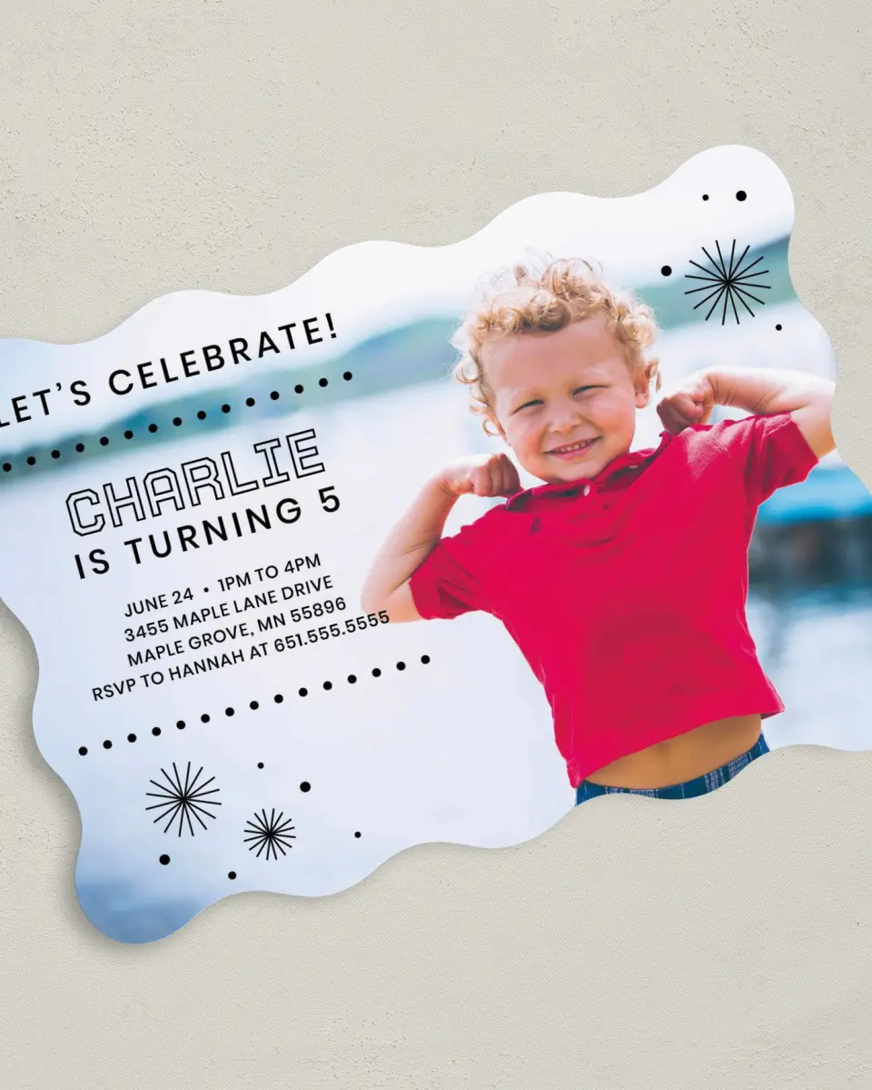 This is a 5" x 7" Birthday Party Invitation called Birthday Bursts printed in full color on Premium Smooth paper