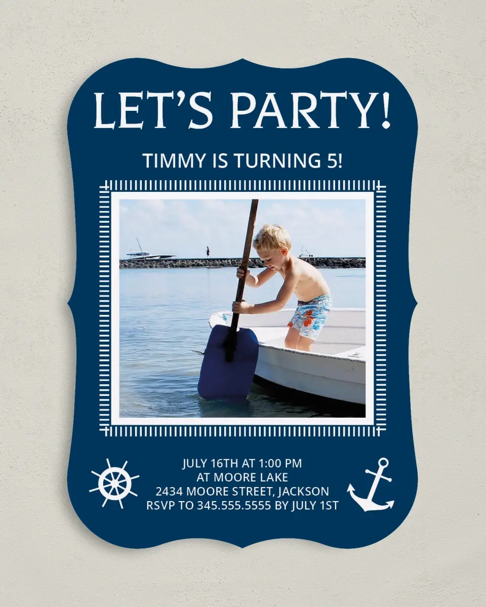 This is a 5" x 7" Birthday Party Invitation called Party Ahoy! printed in full color on Premium Smooth paper