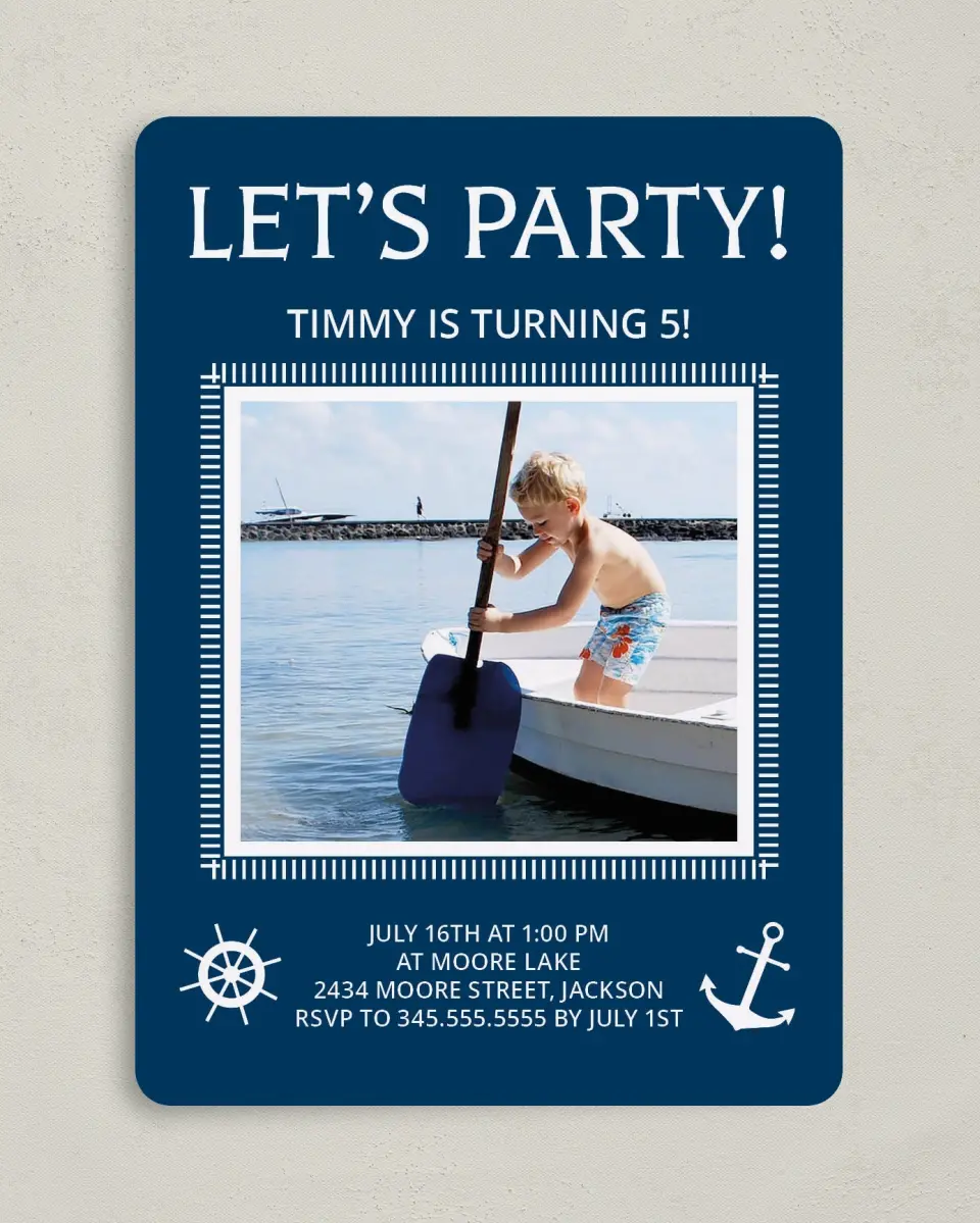 This is a 5" x 7" Birthday Party Invitation called Party Ahoy! printed in full color on Premium Smooth paper