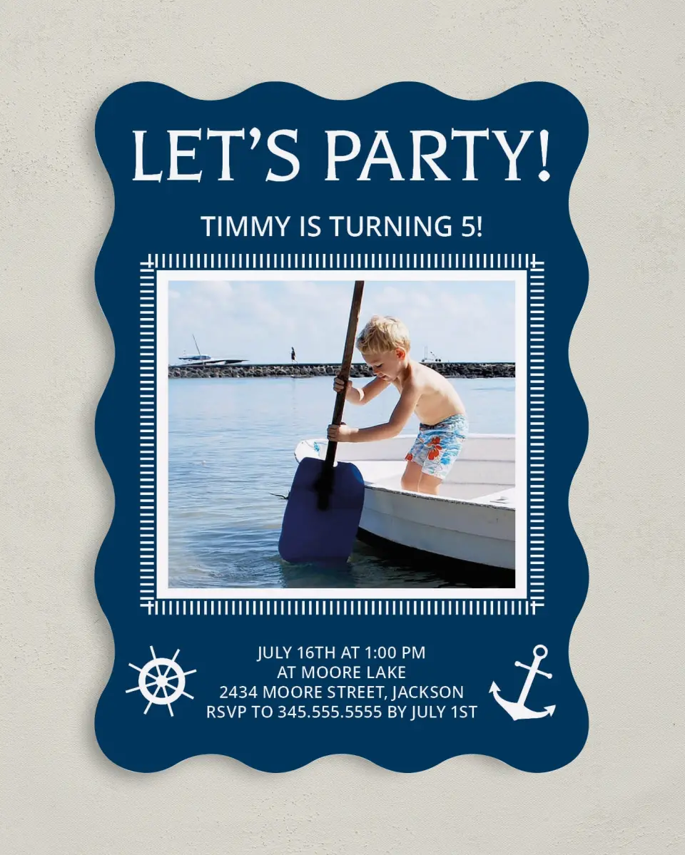 This is a 5" x 7" Birthday Party Invitation called Party Ahoy! printed in full color on Premium Smooth paper