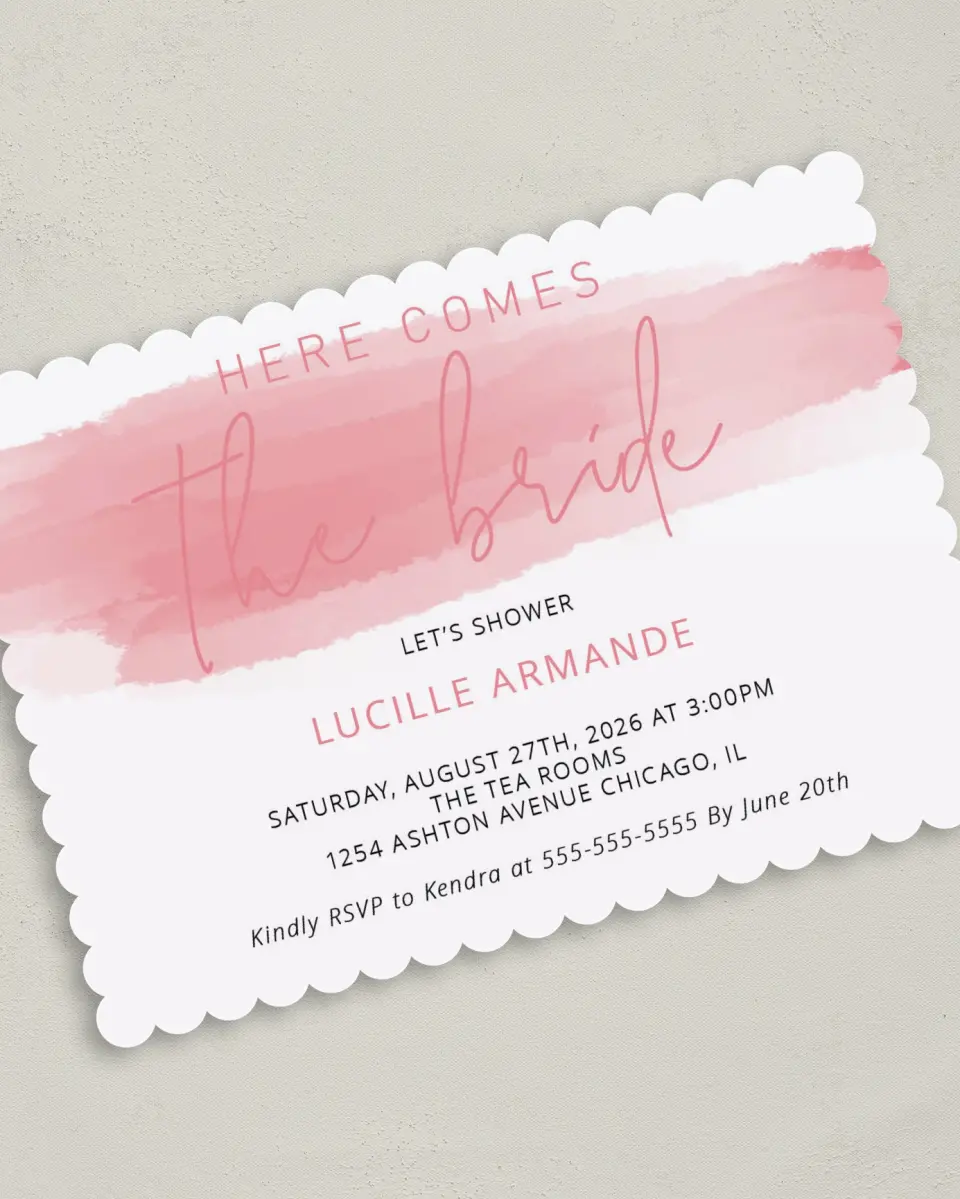 This is a 5" x 7" Bridal Shower Invitation called Here She Comes printed in full color with Silver foil on Luxe Satin (coated) paper