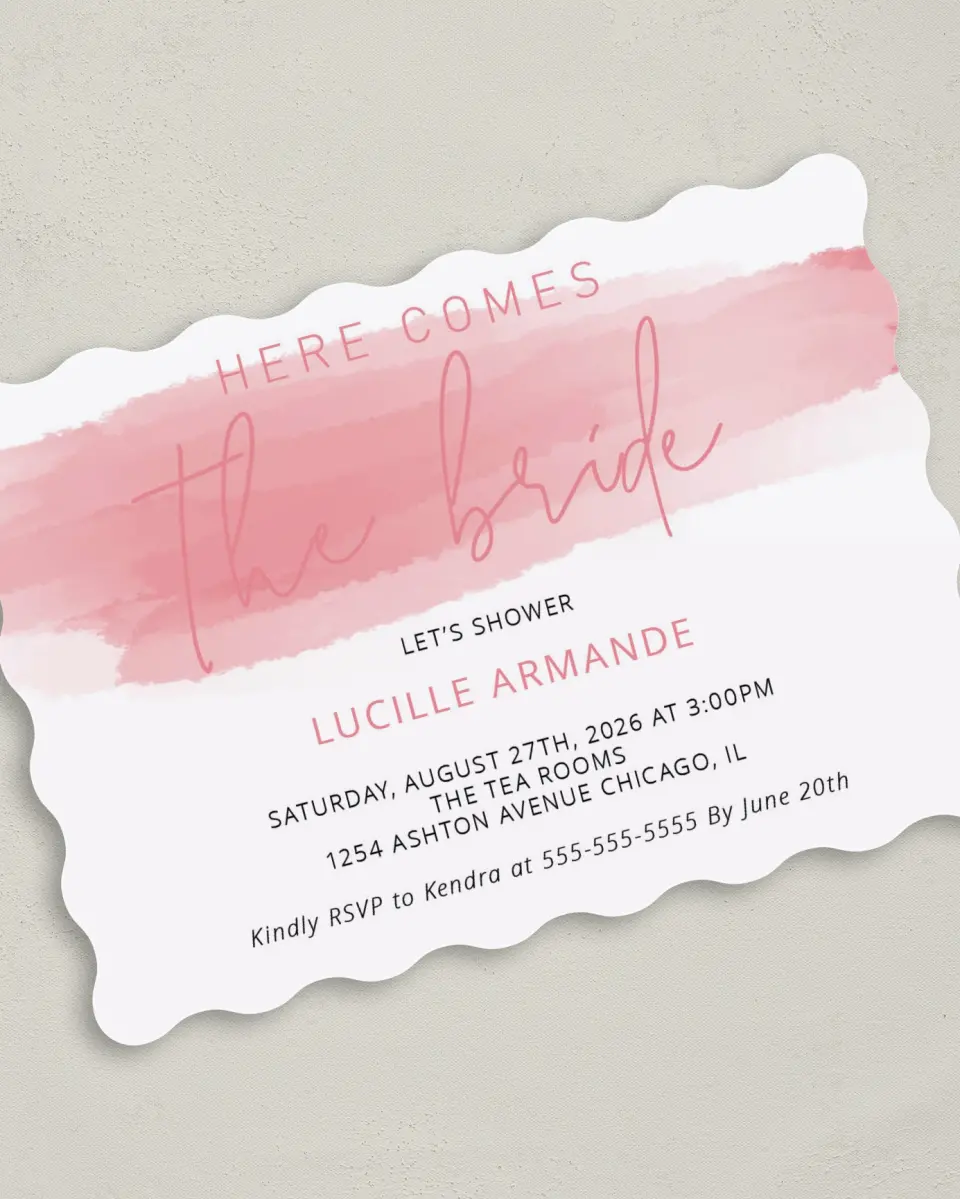 This is a 5" x 7" Bridal Shower Invitation called Here She Comes printed in full color on Premium Smooth paper