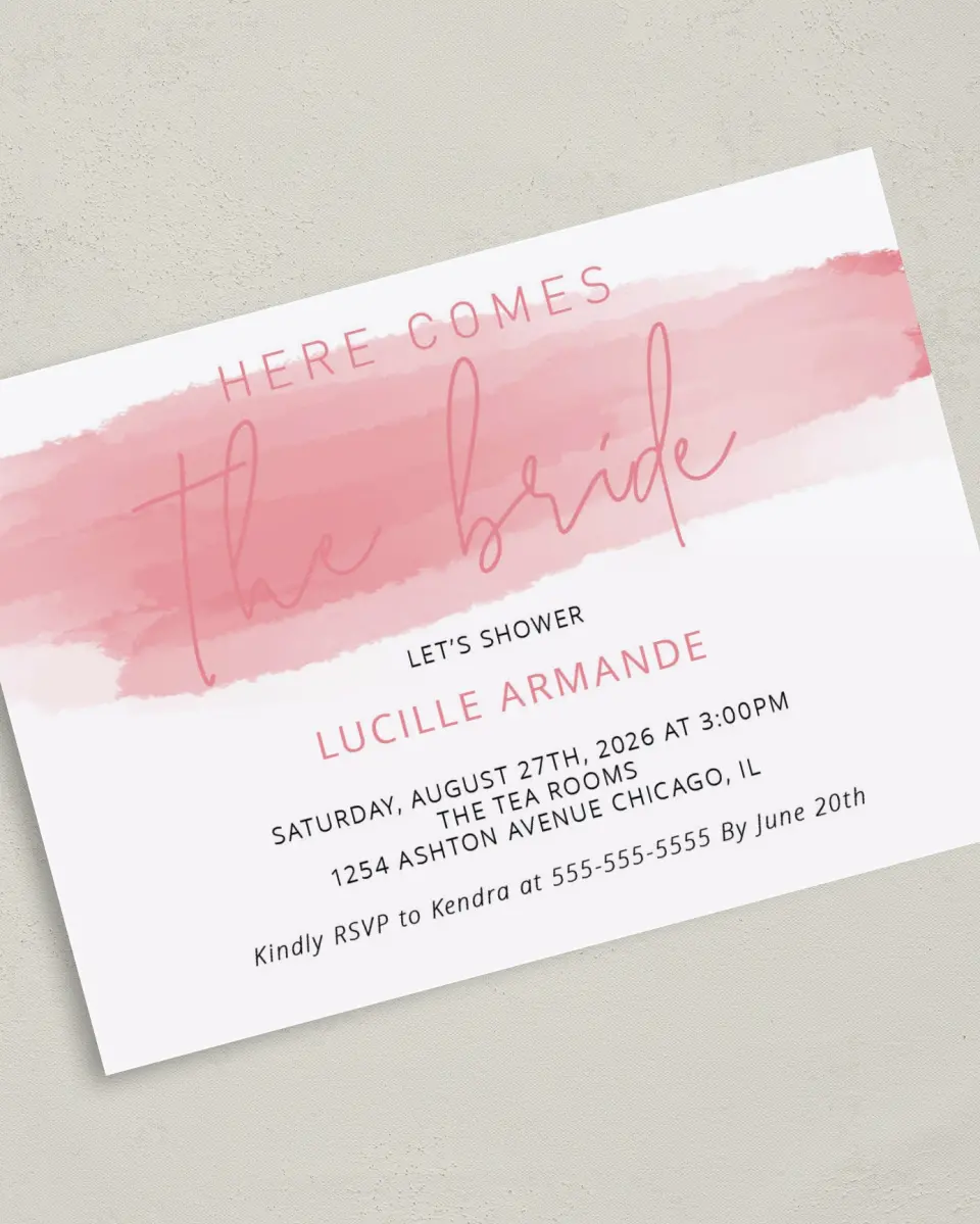 This is a 5" x 7" Bridal Shower Invitation called Here She Comes printed in full color on Premium Smooth paper