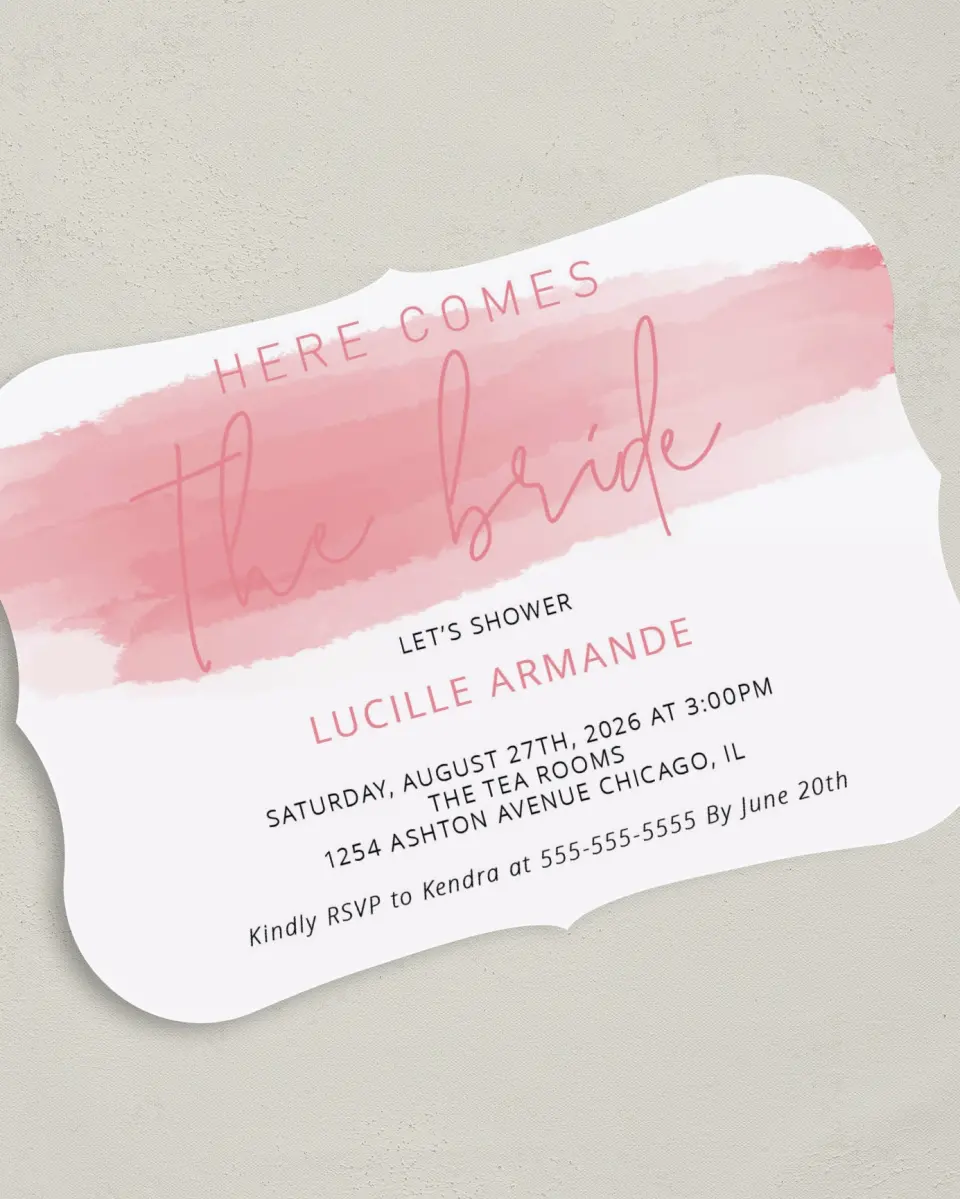 This is a 5" x 7" Bridal Shower Invitation called Here She Comes printed in full color on Premium Smooth paper