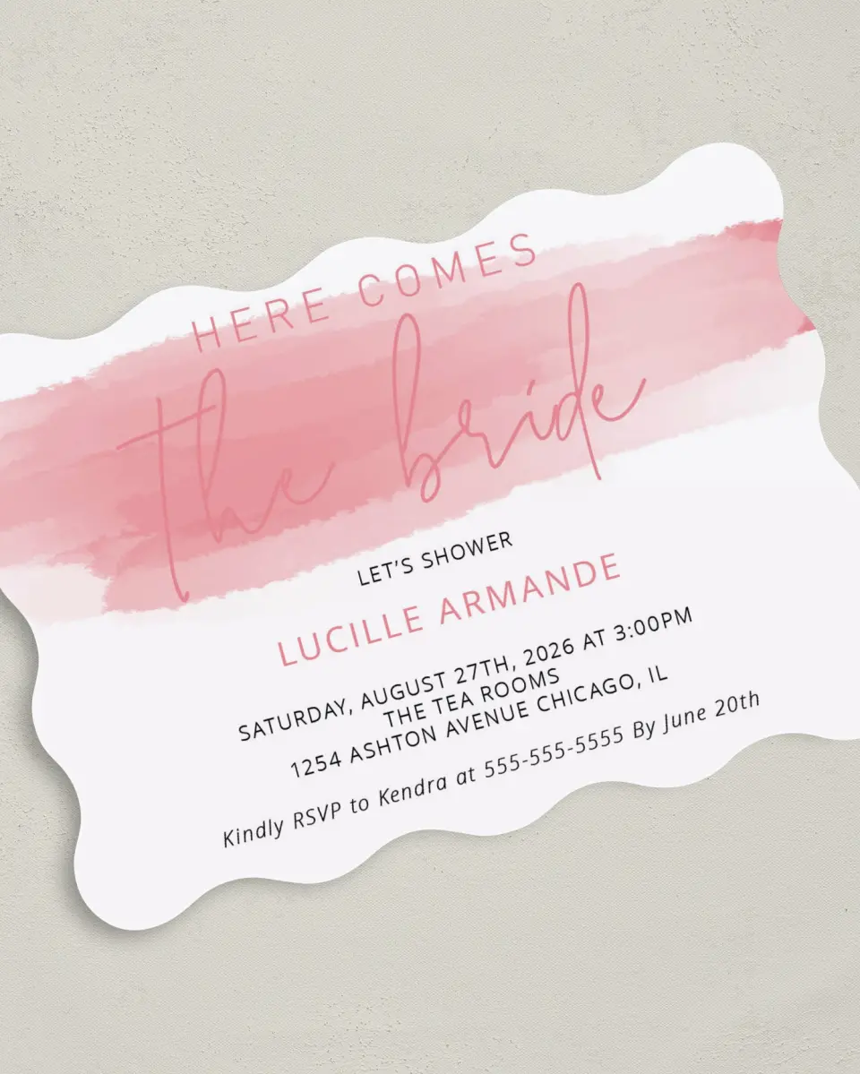 This is a 5" x 7" Bridal Shower Invitation called Here She Comes printed in full color with Gold foil on Luxe Satin (coated) paper