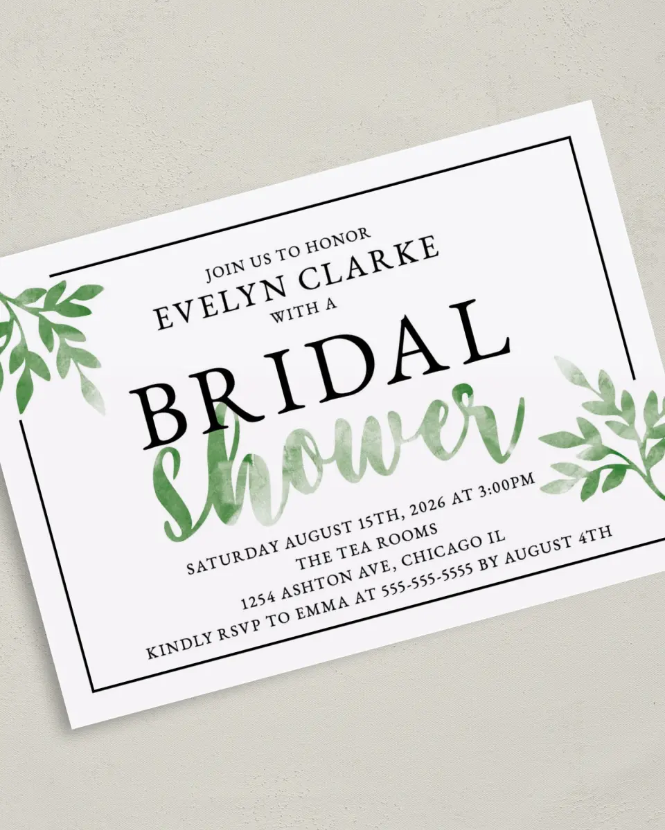 This is a 5" x 7" Bridal Shower Invitation called Watercolor Greenery printed in full color with Gold foil on Luxe Satin (coated) paper