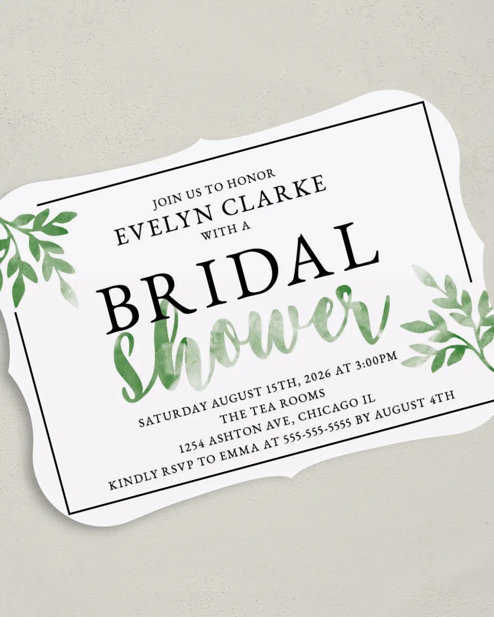 This is a 5" x 7" Bridal Shower Invitation called Watercolor Greenery printed in full color on Premium Smooth paper