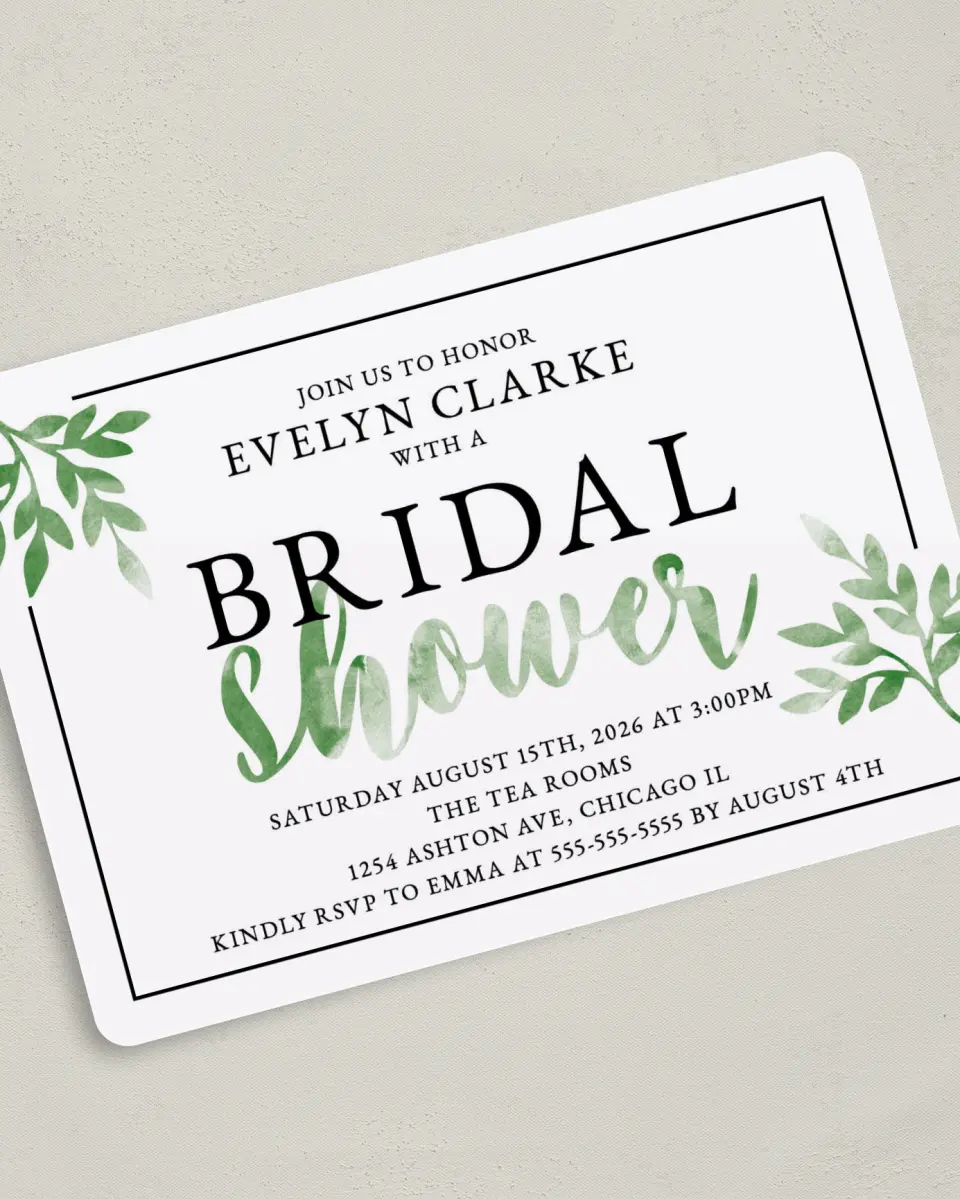This is a 5" x 7" Bridal Shower Invitation called Watercolor Greenery printed in full color on Premium Smooth paper