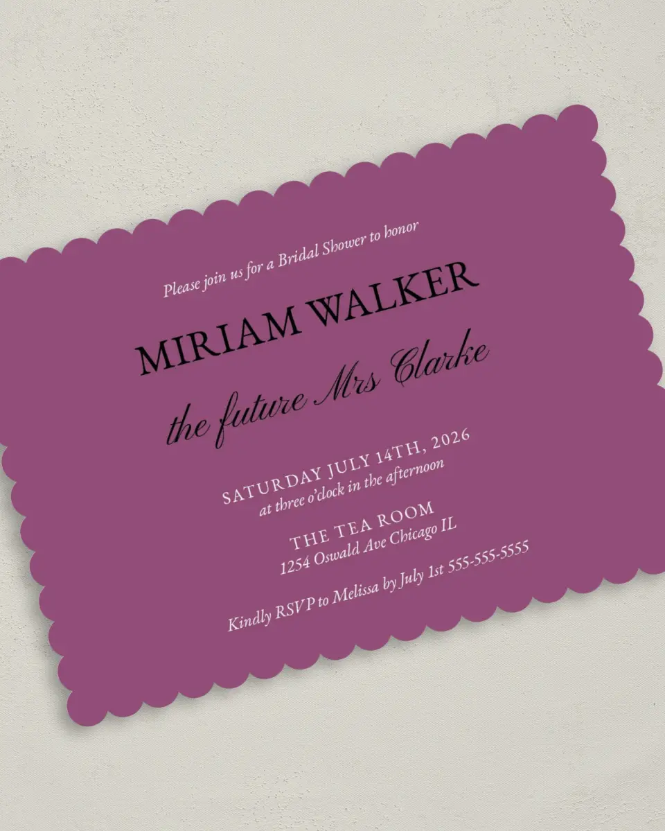 This is a 5" x 7" Bridal Shower Invitation called Shining Style printed in full color with Silver foil on Luxe Satin (coated) paper