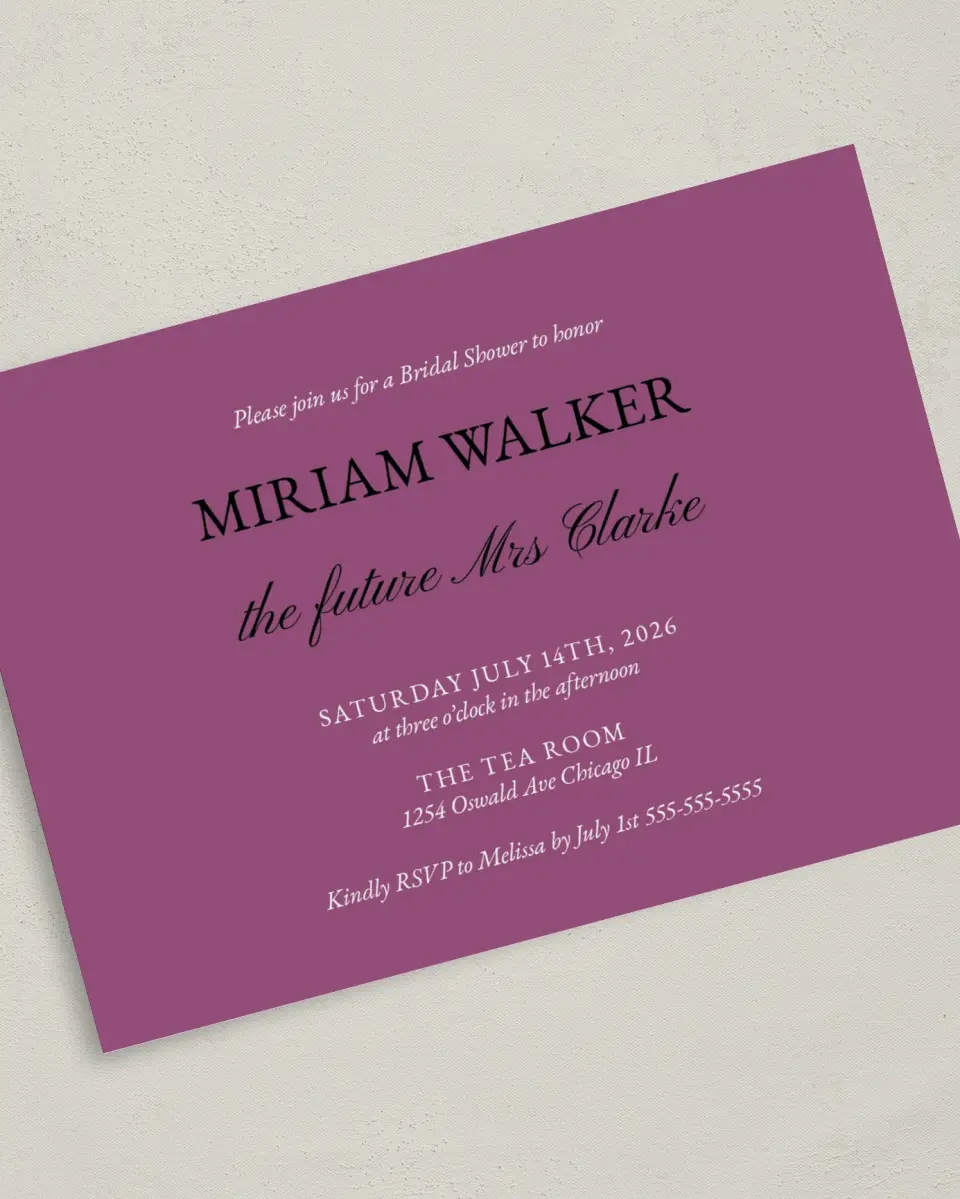 This is a 5" x 7" Bridal Shower Invitation called Shining Style printed in full color on Premium Smooth paper