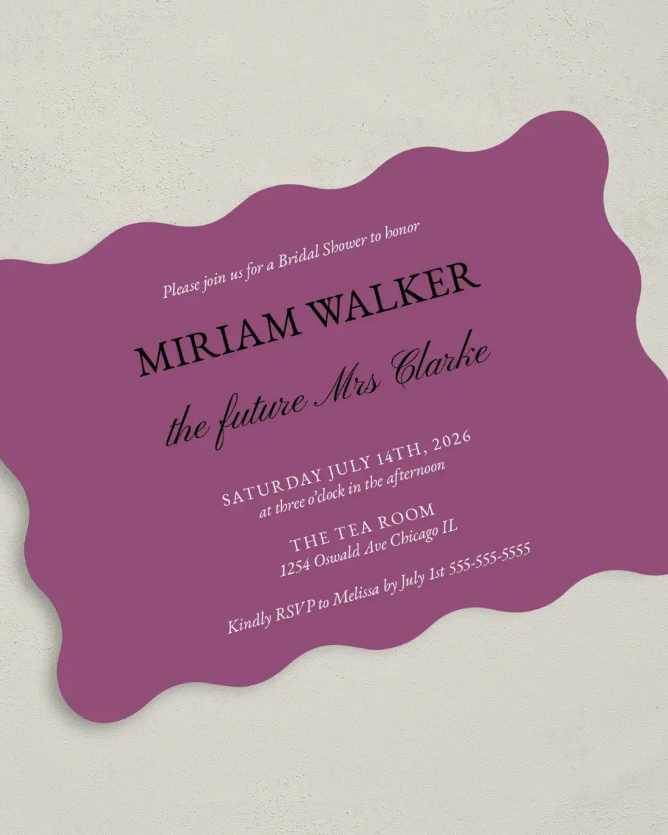 This is a 5" x 7" Bridal Shower Invitation called Shining Style printed in full color with Gold foil on Luxe Satin (coated) paper