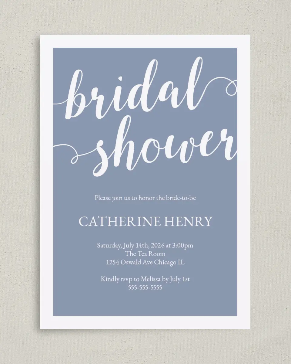 This is a 5" x 7" Bridal Shower Invitation called Whimsical Shower printed in full color with Rose Gold foil on Luxe Satin (coated) paper
