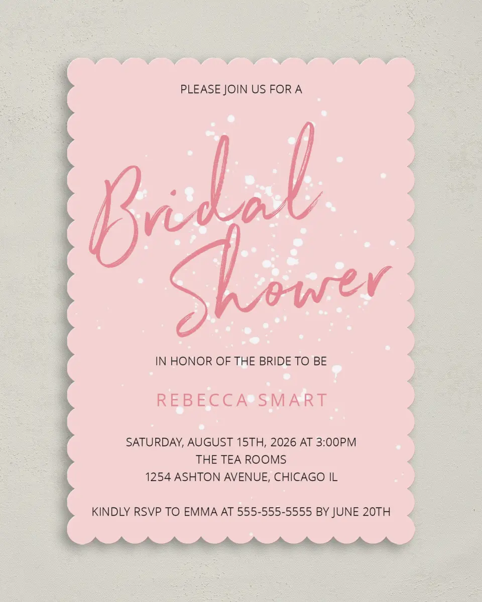 This is a 5" x 7" Bridal Shower Invitation called Showered in Love printed in full color on Premium Smooth paper