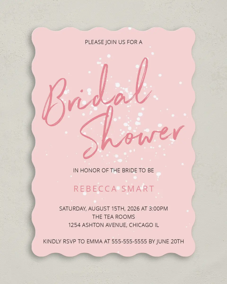 This is a 5" x 7" Bridal Shower Invitation called Showered in Love printed in full color on Premium Smooth paper