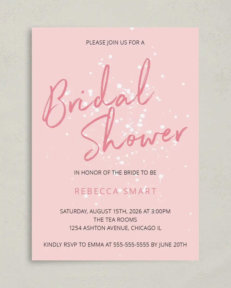 This is a 5" x 7" Bridal Shower Invitation called Showered in Love printed in full color on Premium Smooth paper