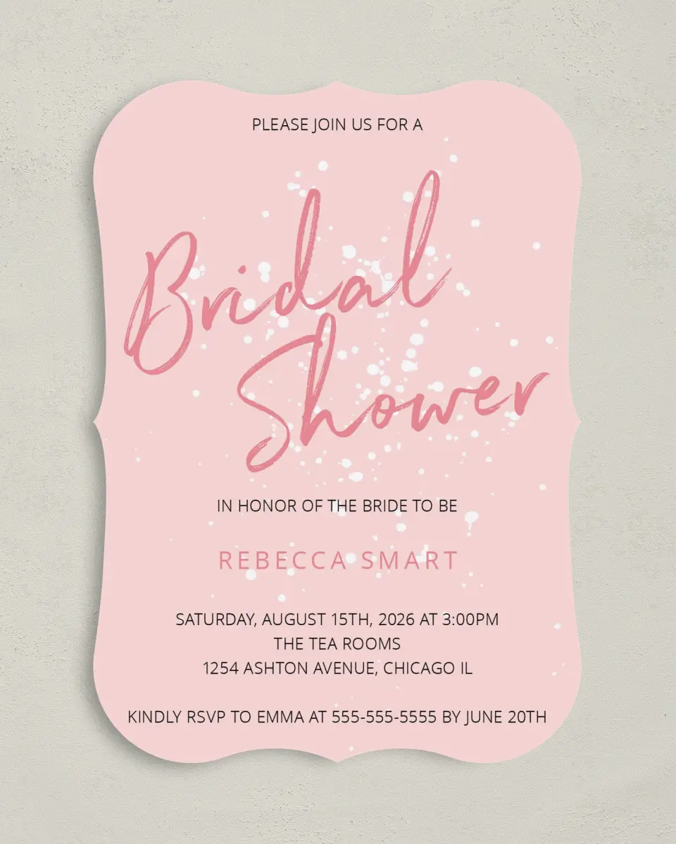 This is a 5" x 7" Bridal Shower Invitation called Showered in Love printed in full color with Silver foil on Luxe Satin (coated) paper