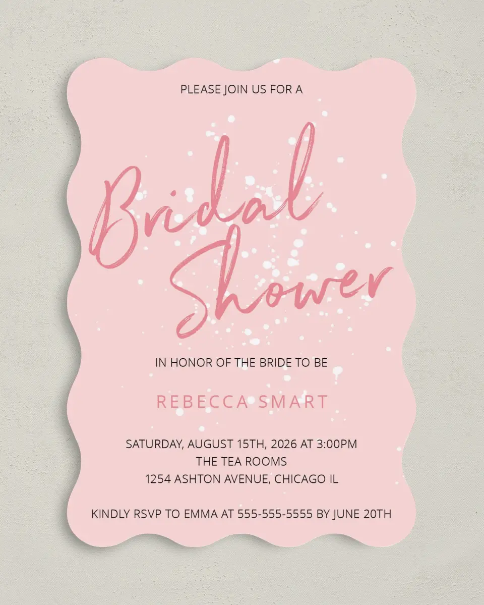 This is a 5" x 7" Bridal Shower Invitation called Showered in Love printed in full color on Premium Smooth paper