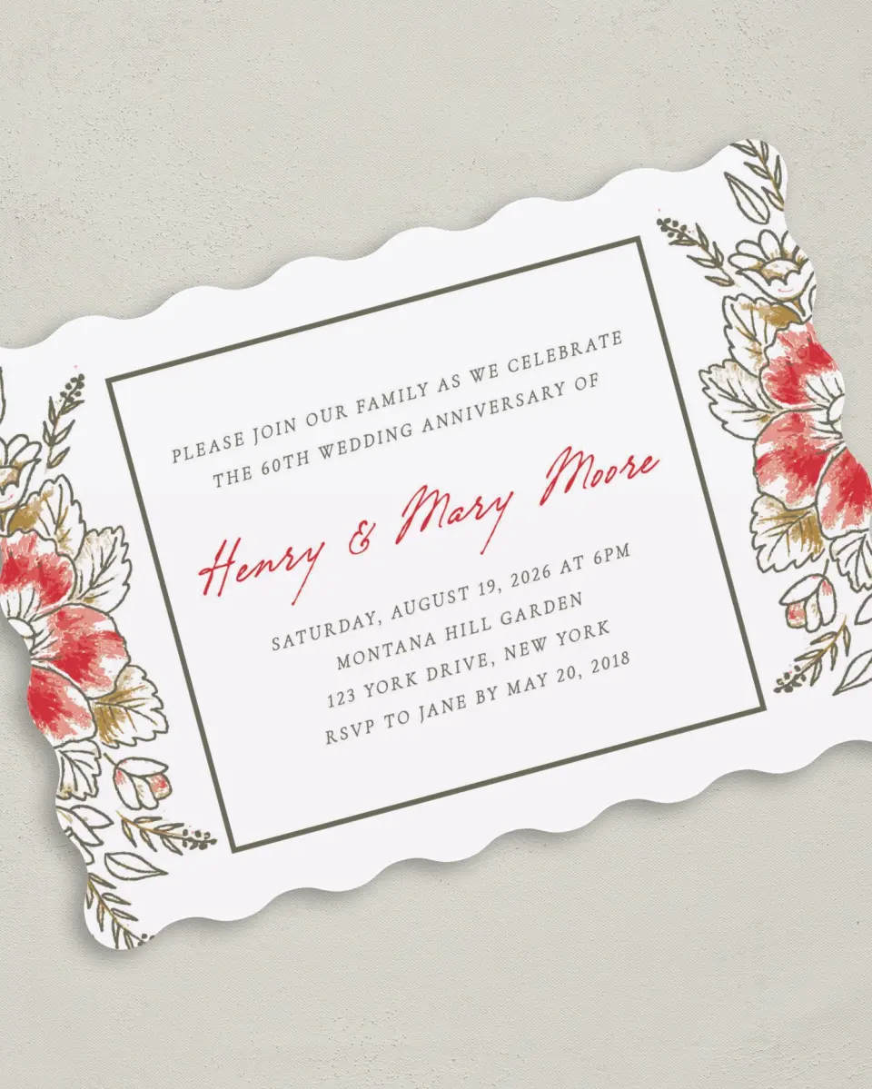 This is a 5" x 7" Anniversary Invitation called Blessed Blooms printed in full color on Premium Smooth paper